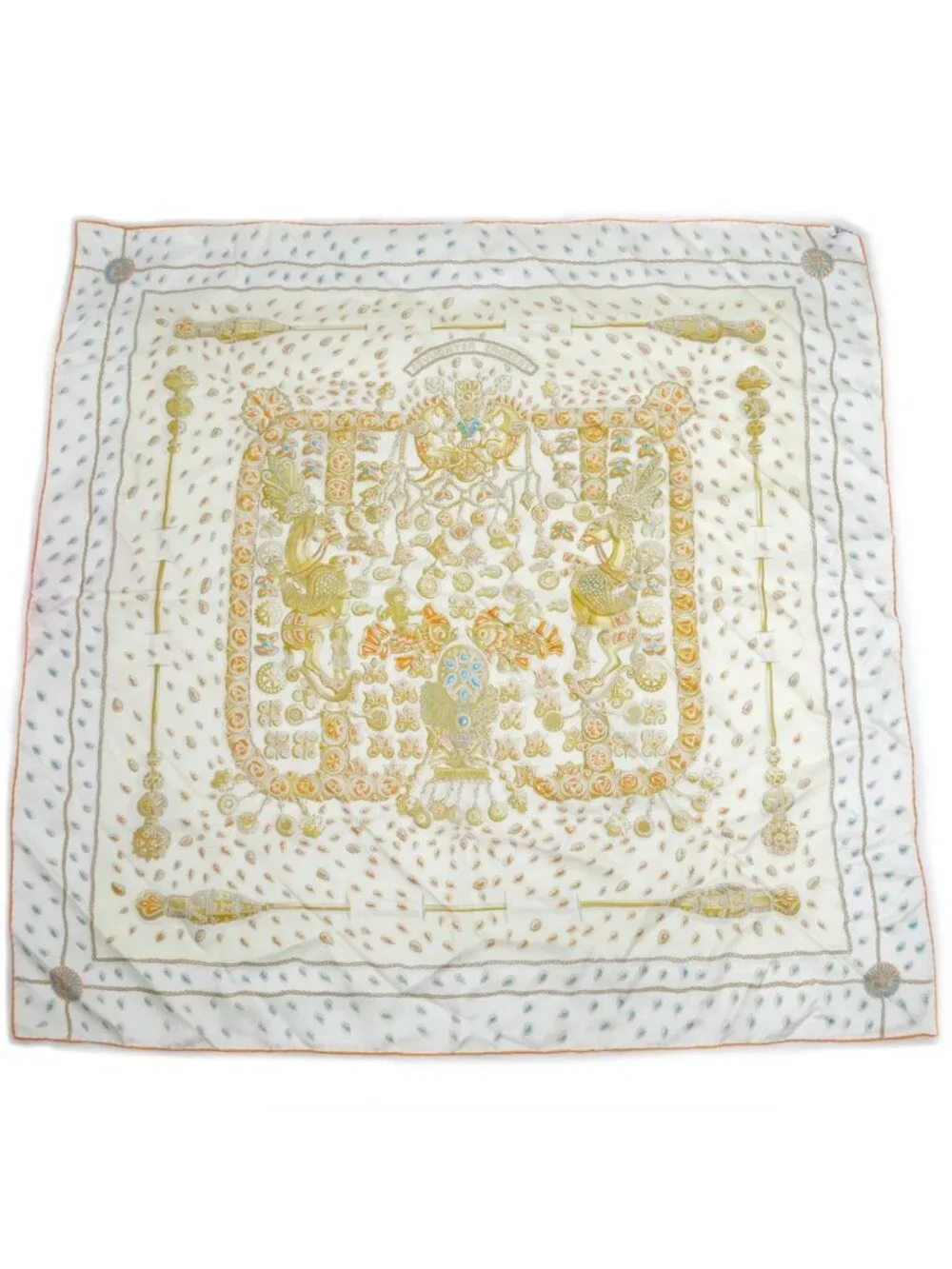 Hermes Carre 90 Tresors Retrouves Hidden Treasure with Card White Orange Scarf